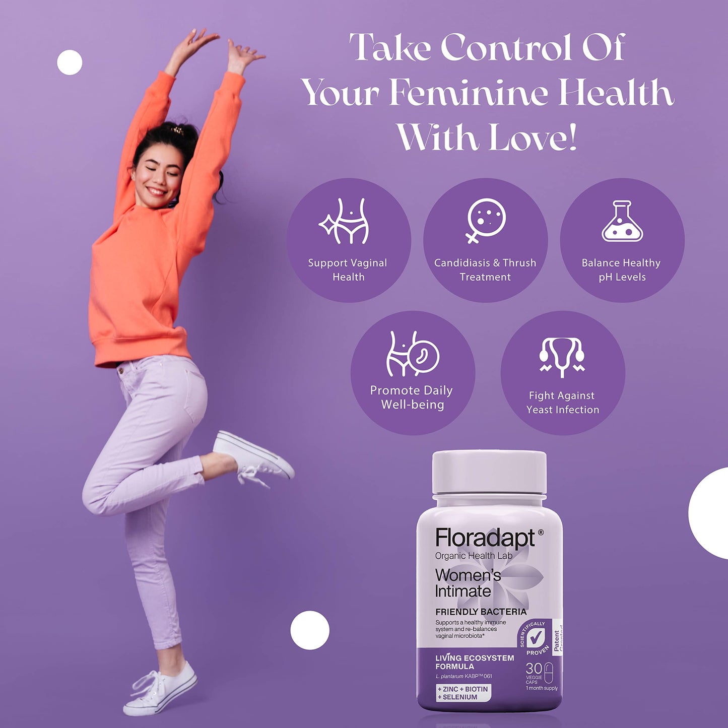 Floradapt Women's Intimate Probiotics for Yeast Infection | Vegan & Certified Organic Candida Support Women Capsules | Thrush Treatment & Vaginal Health for Ladies | (30 Days Serving)