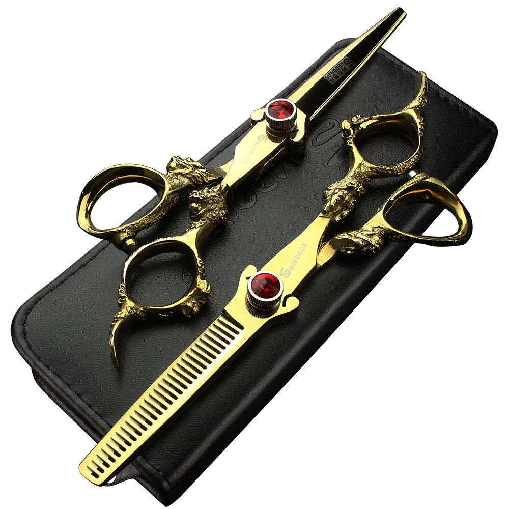 AXEMOORE 6 inch Hair Cutting Scissors Kit Gold Dragon Handle Thinning Shear Professional Salon Barber Shears Kit Texturizing Blending Hairdressing Shears for Men or Women(Scissor Set)
