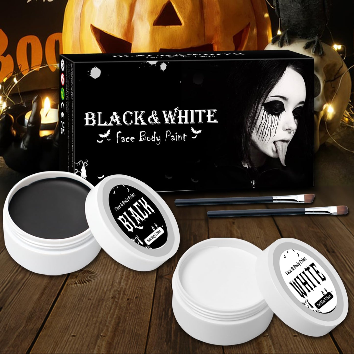 MAINT-CÖLLINTEC White Black Face Paint Makeup Halloween 100g, Halloween Make Up Kit Kids Adults, Halloween Face Paints Kit for Children, Skeleton Zombie Clown Makeup Halloween, Body Paint for Fancy Dress, Festivals