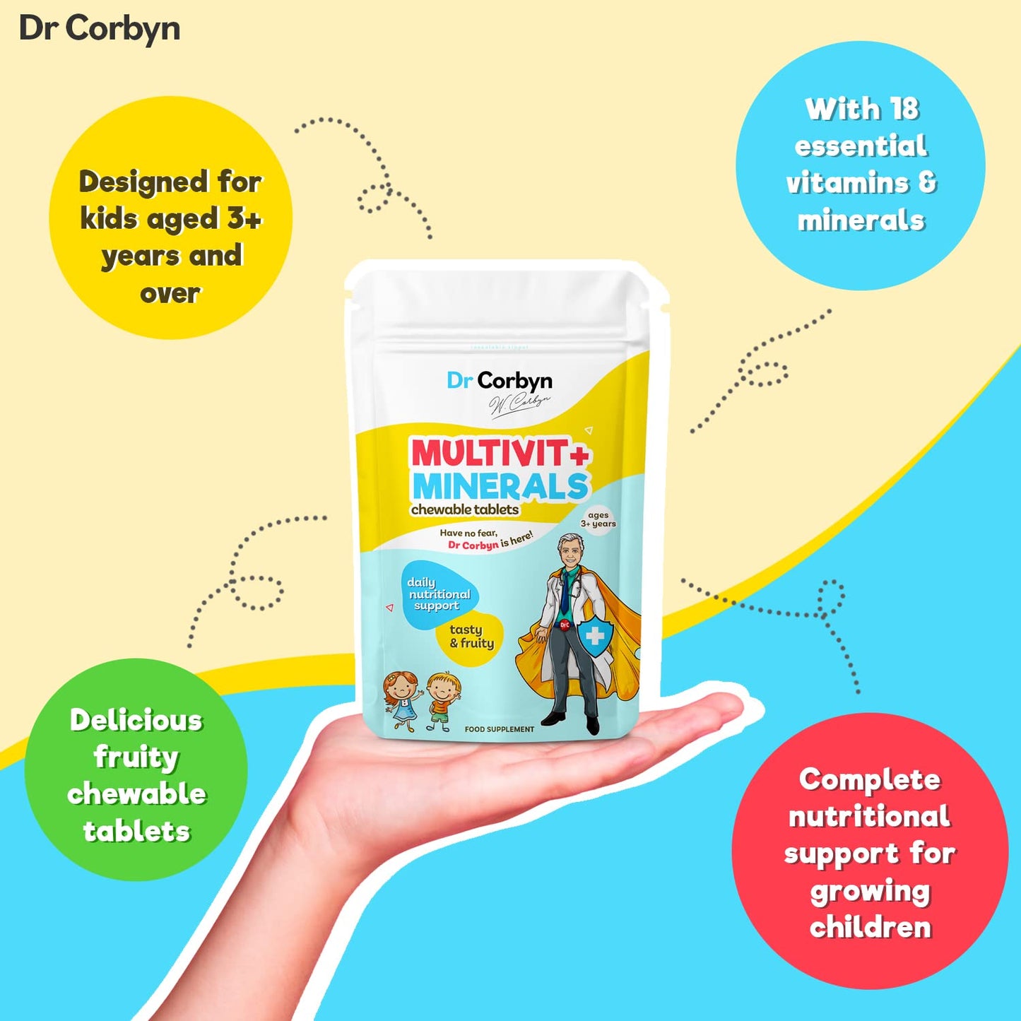 Dr Corbyn Kids' Multivitamin + Minerals - 60 Chewable Tablets | 18 Essential Vitamins and Minerals | Daily Support for Growing Children | Fruity & Tasty Chewable Multivitamin