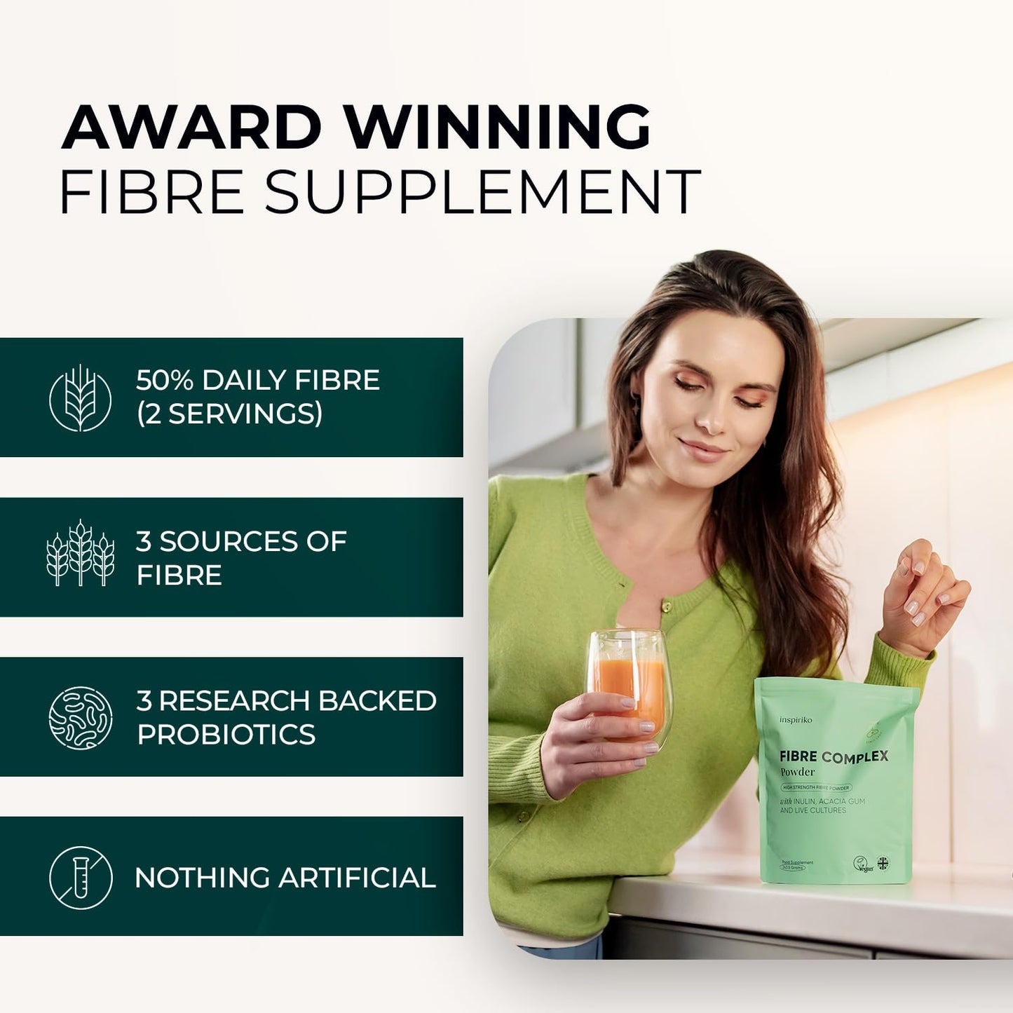 Inspiriko 15g Soluble Fibre Supplement - 50% NHS Daily Intake (2 Servings). 6-in-1 Fiber Supplement Powder with Inulin Prebiotic Fibre Powder, FOS, Acacia & Probiotics. Tasteless, Dissolves Easy, 30 Servings