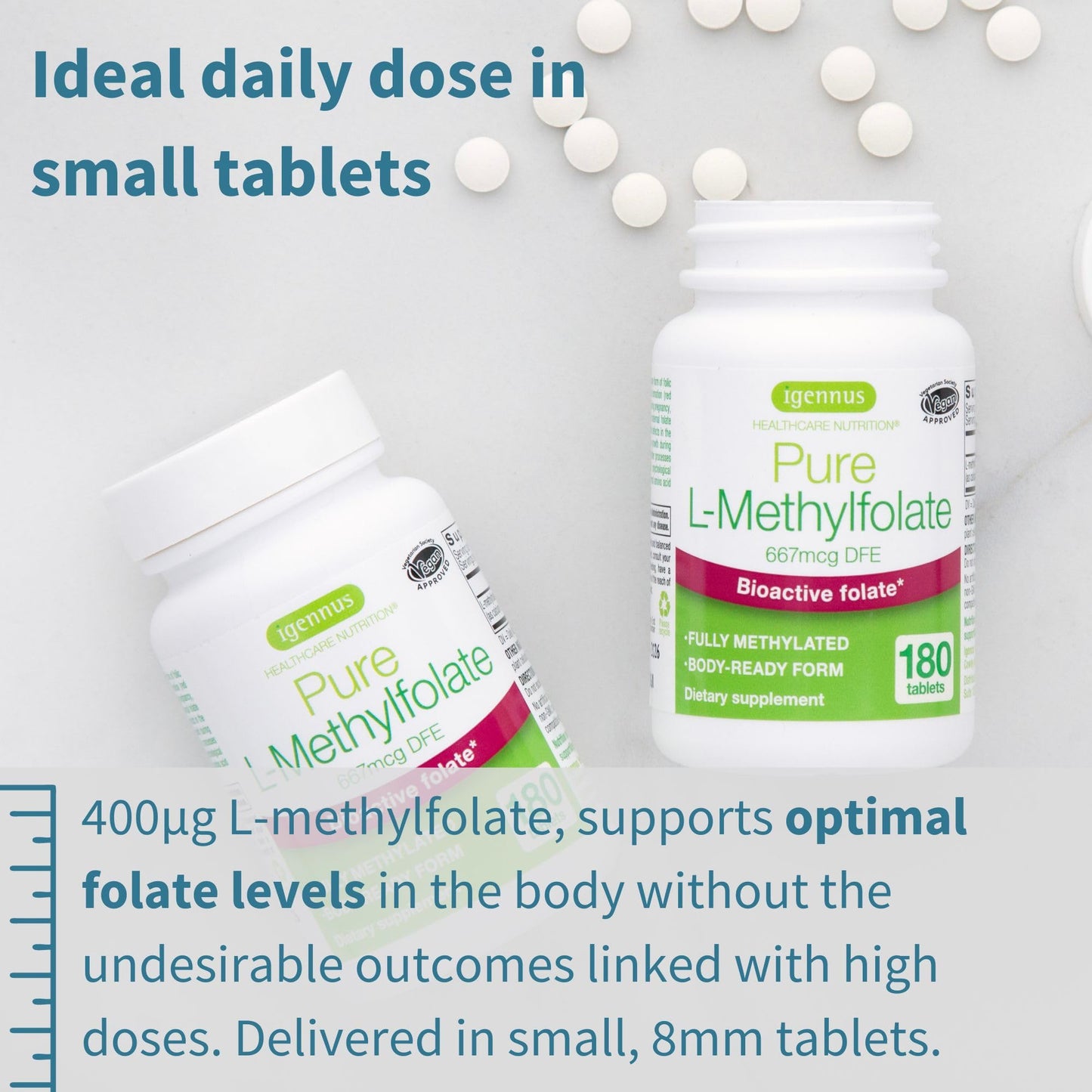 Pure Folate 400 mcg, 180 Small Tablets, Clean Ingredients & Vegan, Active Form of Folic Acid L-Methylfolate (Vitamin B9), Suitable for Pregnancy, One-a-Day, 180 Servings, by Igennus