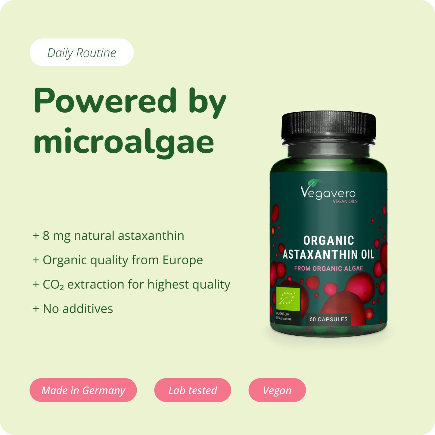 Vegavero Organic Astaxanthin 8 mg | Natural Antioxidant Supplements | Highly Bioavailable | NO Additives, Lab-Tested | 60 Capsules | Vegan