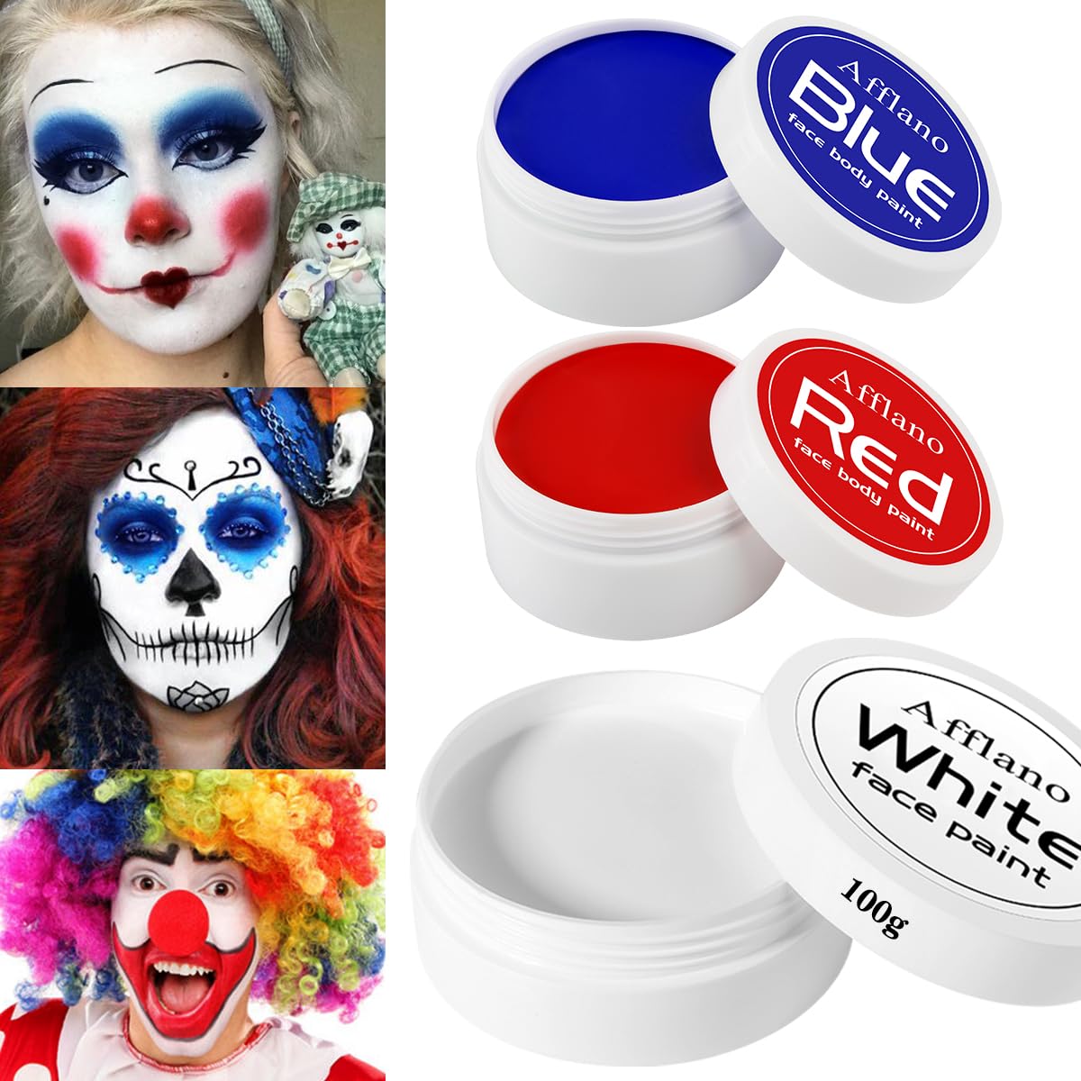 Body Paint Halloween Face Paint 200g, Afflano Clown Makeup Red White and Blue Face Paint Kit, Red Face Painting for Adult Corpse Bride Joker SFX Skeleton Halloween Makeup Football Sport