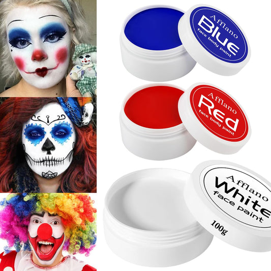 Body Paint Halloween Face Paint 200g, Afflano Clown Makeup Red White and Blue Face Paint Kit, Red Face Painting for Adult Corpse Bride Joker SFX Skeleton Halloween Makeup Football Sport