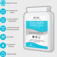 Ryxx Collagen Complex+ | Marine Collagen Supplement with Hyaluronic Acid, Biotin, Vitamin C & E | Skin, Hair & Joint Support | 60 Capsules | Made in the UK by RYXX