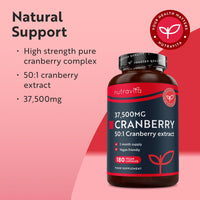 Nutravita Max Strength Cranberry 37,500mg - 180 Vegan Capsules – Daily Supplement for Women – 50:1 Pure Cranberry Extract Supplement – Made in The UK