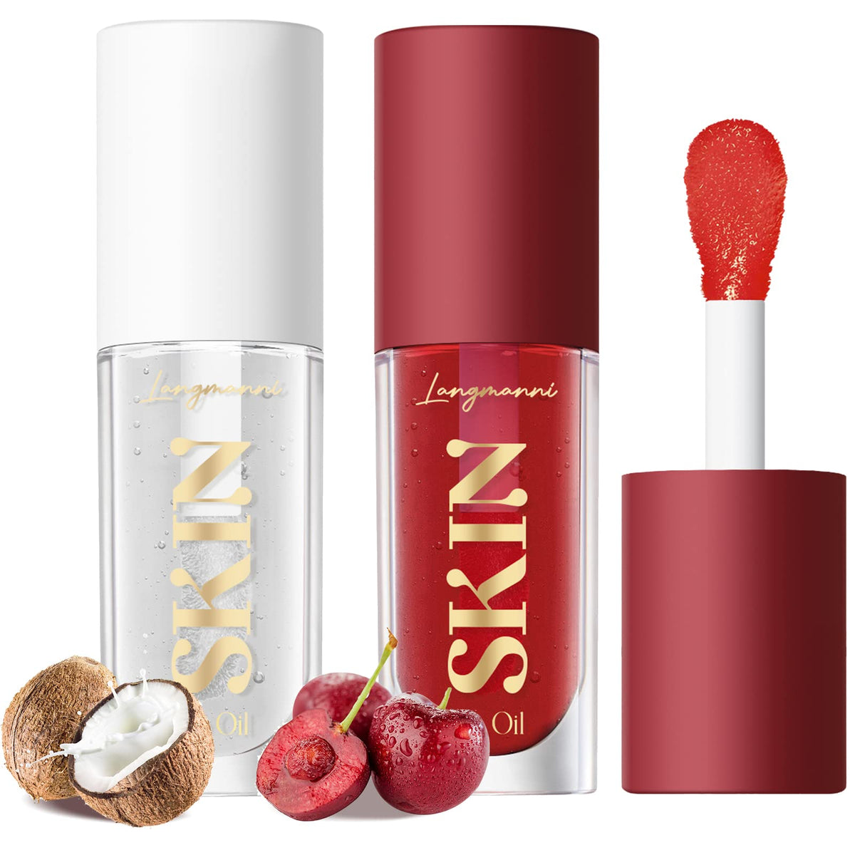 LANGMANNI Moisturizing Lip Oil,No-Sticky Lip Gloss Lip Balm Lip Care,Fruit Flavoured Lip Oil For Dry Lip's Moisturizing Hydrating And Nourishing (Cherry+Coco)
