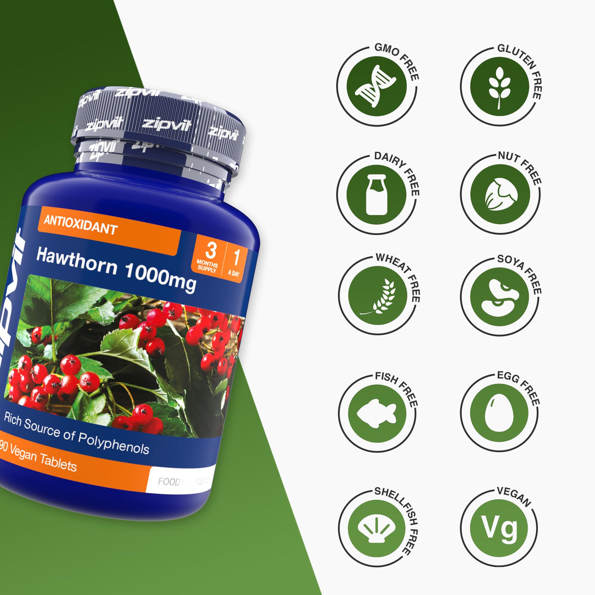 Zipvit Hawthorn Berry Leaf Tablets 1000mg, 90 Vegan Hawthorn Tablets 3 Month Supply