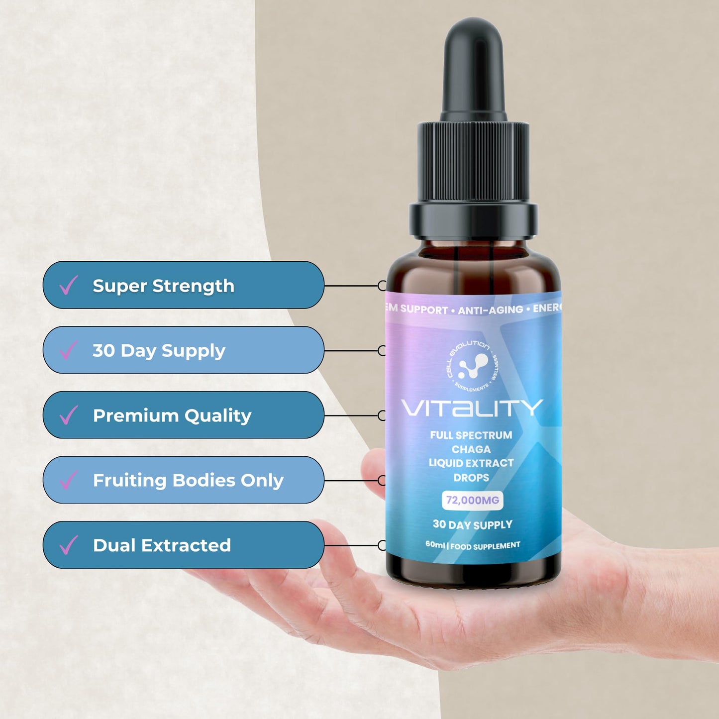 Cell Evolution Chaga Full Spectrum Liquid Mushroom Drops Supplement, Super Strength 72,000mg (15:1), Immune Support & Anti Aging, Natural & Suitable for Vegans & Vegetarians