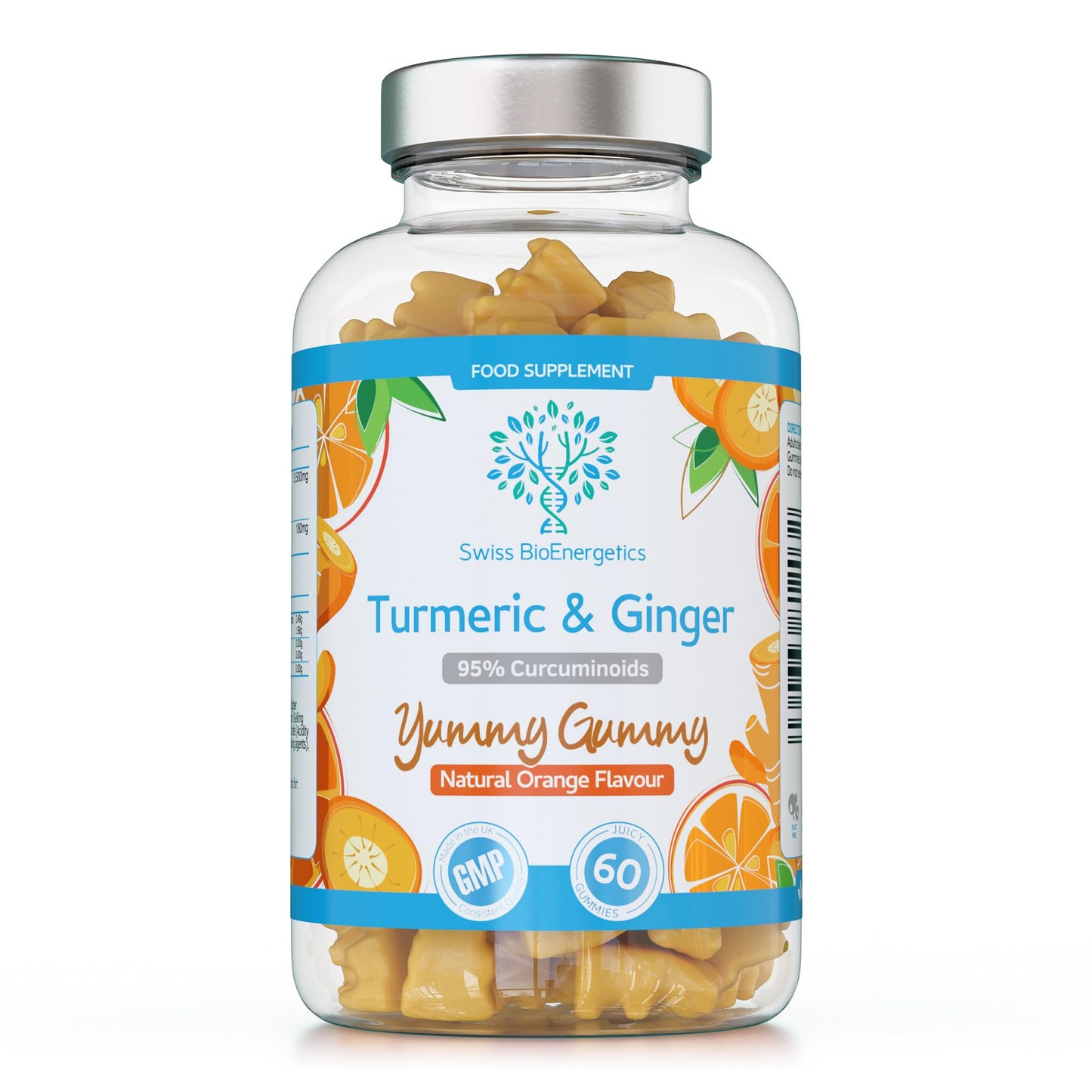 swiss bioenergetics Turmeric Curcumin Gummies with Ginger - 60 Natural Orange Flavour Juicy Yummy Gummies – with a Huge 95% curcuminoids, Vegan & Gelatin Free – 30 Day Supply for Men, Women & Children – Made in The UK