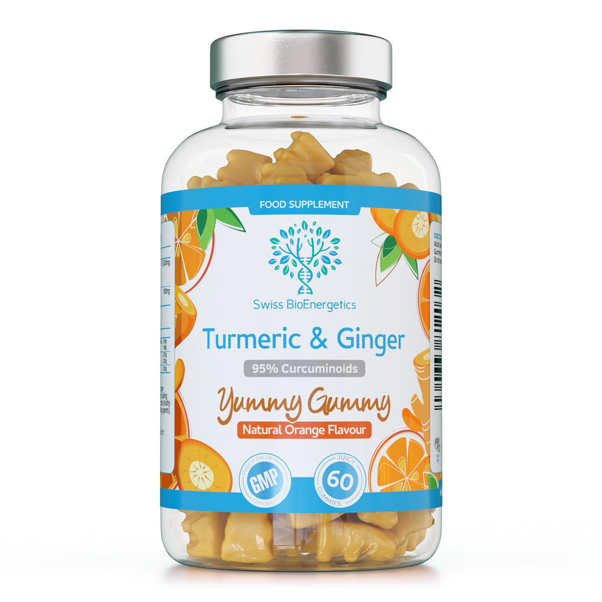 swiss bioenergetics Turmeric Curcumin Gummies with Ginger - 60 Natural Orange Flavour Juicy Yummy Gummies – with a Huge 95% curcuminoids, Vegan & Gelatin Free – 30 Day Supply for Men, Women & Children – Made in the UK