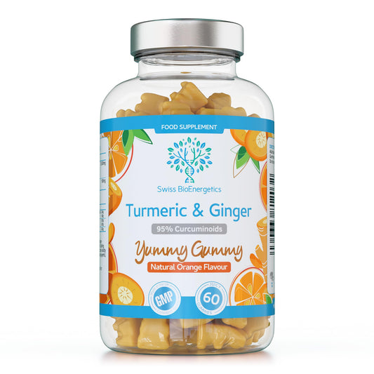 swiss bioenergetics Turmeric Curcumin Gummies with Ginger - 60 Natural Orange Flavour Juicy Yummy Gummies – with a Huge 95% curcuminoids, Vegan & Gelatin Free – 30 Day Supply for Men, Women & Children – Made in the UK