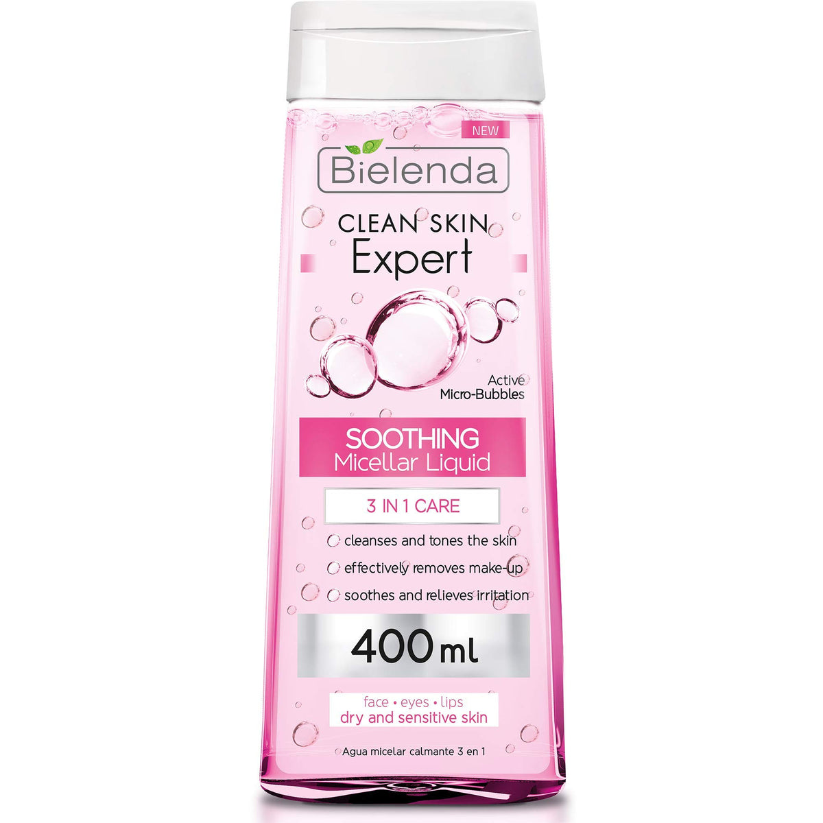 Bielenda Clean Skin Expert - 3-In-1 Soothing Micellar Water For Make-Up Removal And Cleansing Of The Face, Eyes And Lips - Clean Skin Expert 3 In 1 Soothing Micellar Water - 400 ml