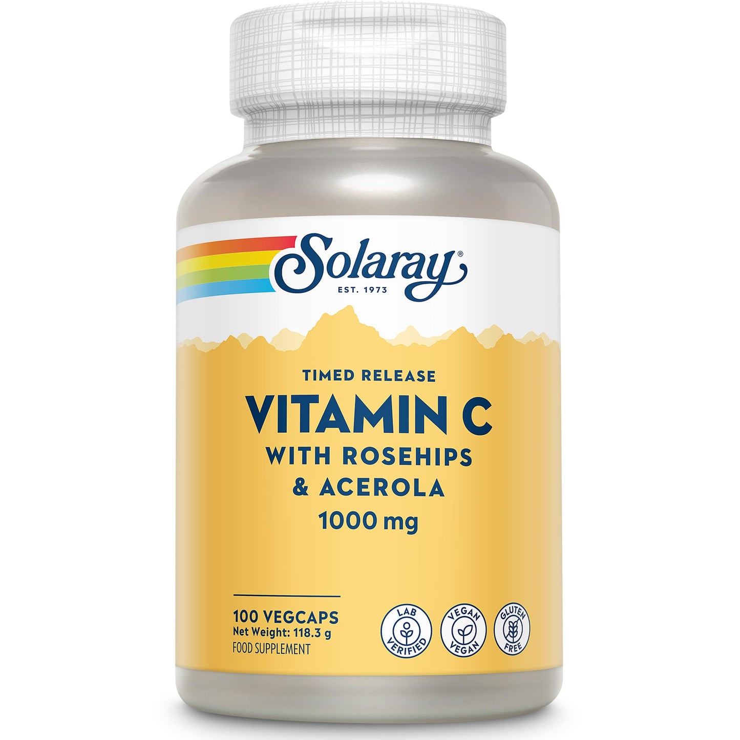 SOLARAY Vitamin C 1000mg - 100 Vegan Capsules not Tablets - High Strength VIT C Supplement with Ascorbic Acid, Acerola Cherry and Rosehip - Lab Verified - Solaray