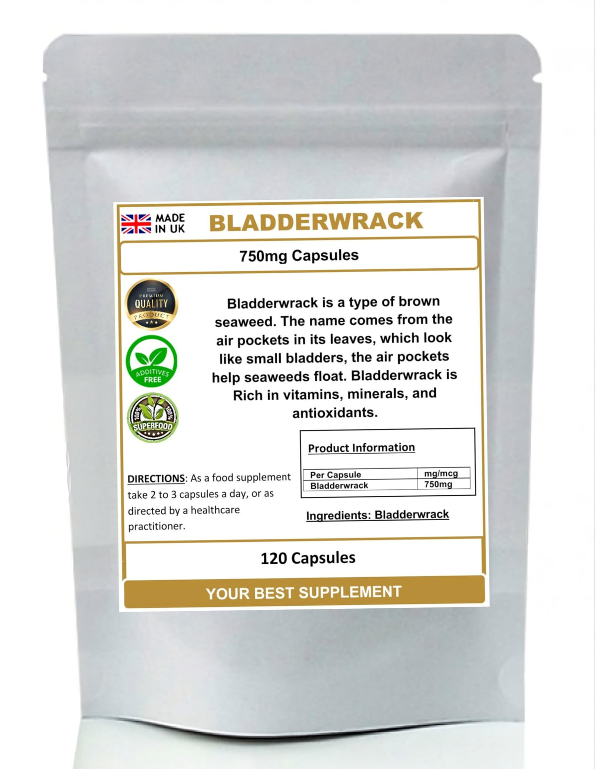 Your Best Supplement Bladderwrack Capsules 750mg- Natural, Seaweed KELP (Pure no Additives) (120)