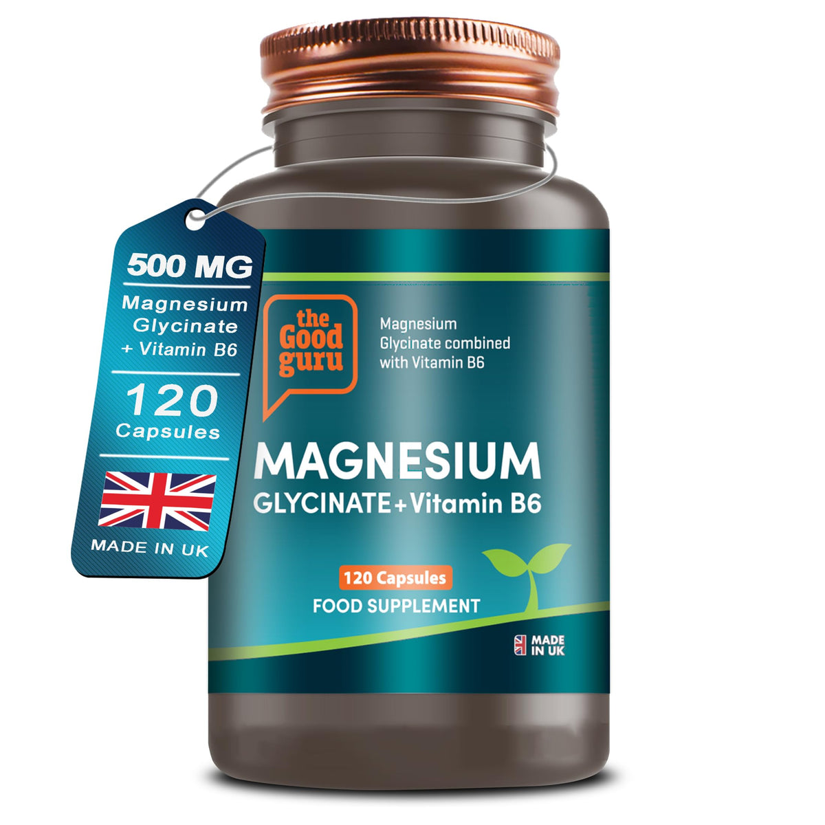 Magnesium Glycinate Supplements with Vitamin B6 | 120 Capsules, 2-in-1 Formula | High Absorption | 500mg Magnesium Glycinate + 7.35mg Pyridoxal 5 Phosphate | Vegan | Made in UK by The Good Guru