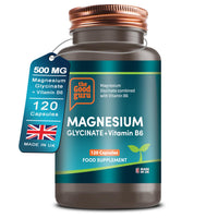 Magnesium Glycinate Supplements with Vitamin B6 | 120 Capsules, 2-in-1 Formula | High Absorption | 500mg Magnesium Glycinate + 7.35mg Pyridoxal 5 Phosphate | Vegan | Made in UK by The Good Guru