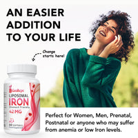 Liposomal Iron Supplement (as Ferrous Sulfate) with Folic Acid 400mcg and Vitamin B12 10mcg, Increase Iron Levels for Adults, Superior Absorbed and Stomach Friendly (60 Count (Pack of 2))