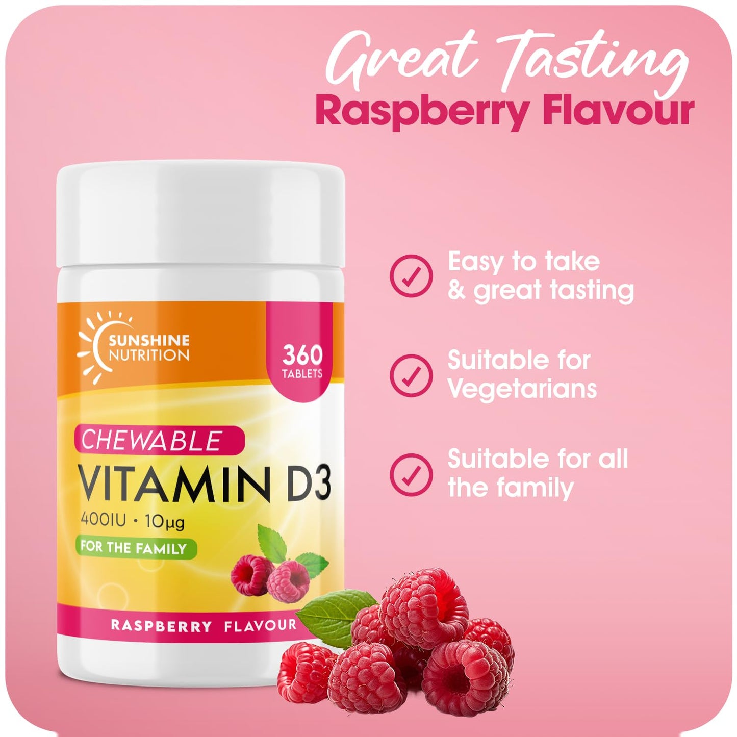 Vitamin D Chewable Supplements for Children 360 Raspberry Flavour Tablets by Sunshine Nutrition (Kids Chewable D3)