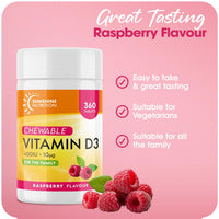 Vitamin D Chewable Supplements for Children 360 Raspberry Flavour Tablets by Sunshine Nutrition (Kids Chewable D3)