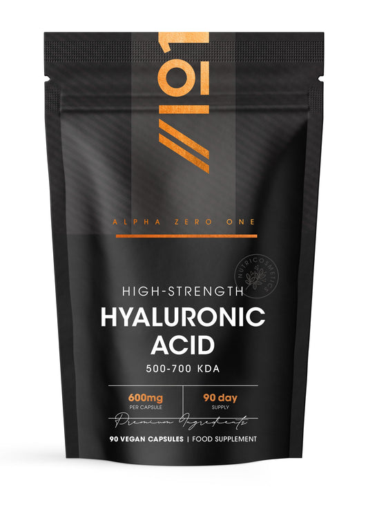 ALPHA01 Hyaluronic Acid Supplement 600mg (800-1500 KDA) - 90 Vegan Triple Strength Hyaluronic Acid Capsules - 3 Month Supply - Natural Skin, Hair & Joint Supplement for Women & Men - Superior Absorption