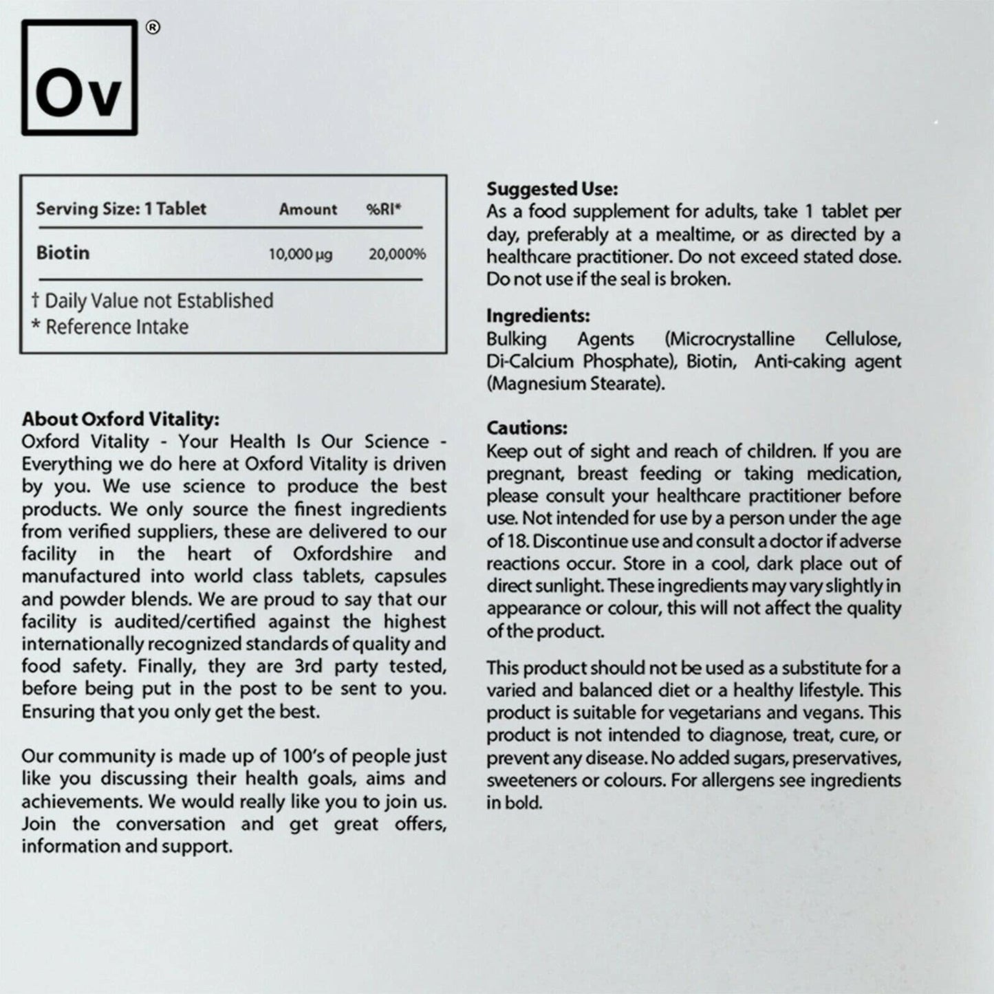 Biotin Tablets 10,000mcg | Max Strength | Skin, Hair & Metabolism Support | Vegetarian and Vegan | Oxford Vitality