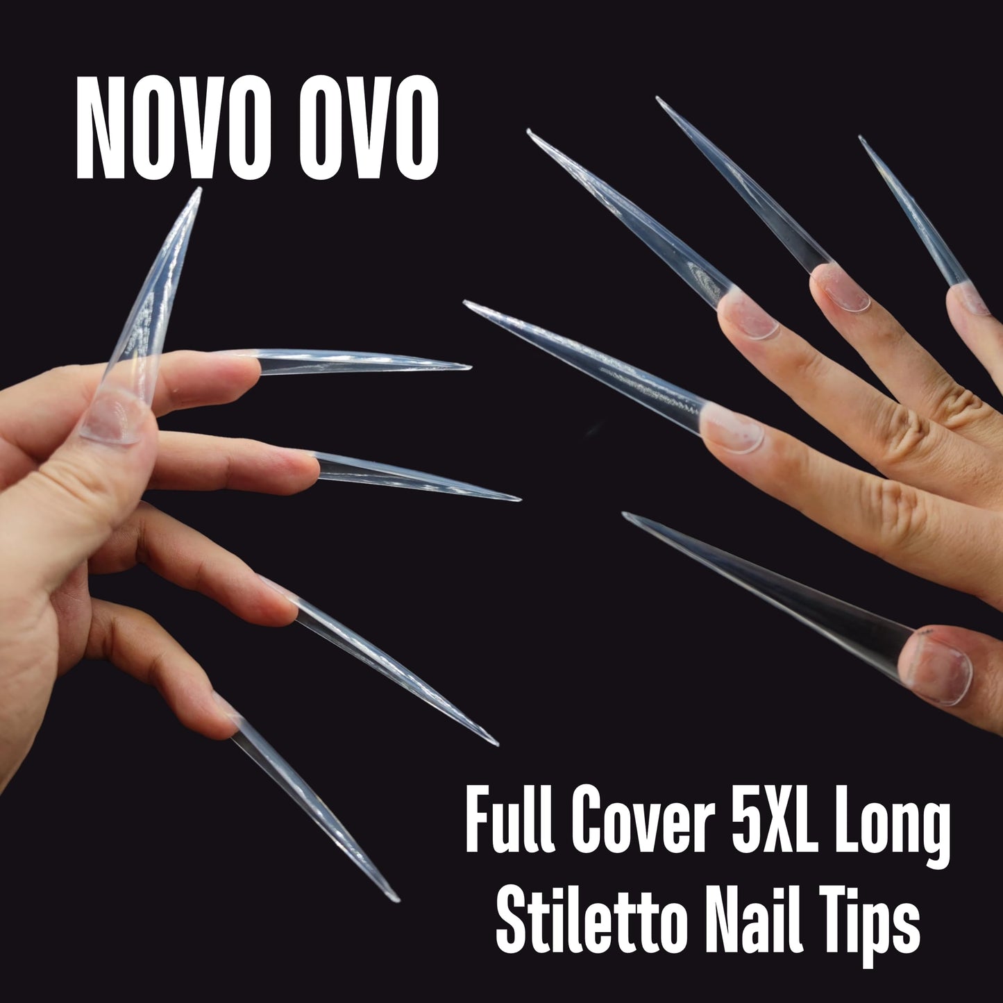 NOVO OVO Extra Super Extreme Long Stiletto Nail Tips, 5XL XXXXXL Clear Full Cover French Tips False Fake Nail Extension, Sharp Fishbone Arrow Head Nails for Professional Acrylic 120 pcs 12 Sizes