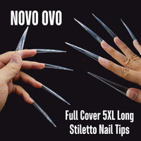 NOVO OVO Extra Super Extreme Long Stiletto Nail Tips, 5XL XXXXXL Clear Full Cover French Tips False Fake Nail Extension, Sharp Fishbone Arrow Head Nails for Professional Acrylic 120 pcs 12 Sizes