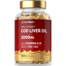 Horbäach Cod Liver Oil Capsules High Strength | 2000mg | 360 Softgel Pills | Rich in Omega 3, Vitamins A & D | Supplement with 171mg of DHA and 151mg of EPA | by Horbaach