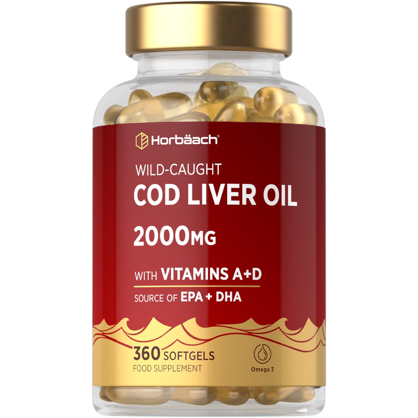 Horbäach Cod Liver Oil Capsules High Strength | 2000mg | 360 Softgel Pills | Rich in Omega 3, Vitamins A & D | Supplement with 171mg of DHA and 151mg of EPA | by Horbaach