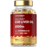 Horbäach Cod Liver Oil Capsules High Strength | 2000mg | 360 Softgel Pills | Rich in Omega 3, Vitamins A & D | Supplement with 171mg of DHA and 151mg of EPA | by Horbaach