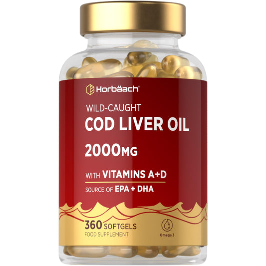 Horbäach Cod Liver Oil Capsules High Strength | 2000mg | 360 Softgel Pills | Rich in Omega 3, Vitamins A & D | Supplement with 171mg of DHA and 151mg of EPA | by Horbaach