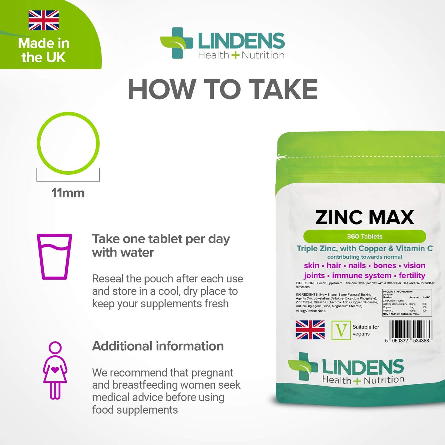 Lindens Zinc Max Tablets - 360 Pack - (90 Pack x4) Triple Zinc with Copper and Vitamin C - Immune System, Bones, Vision, Hair, Nails, and Skin - UK Manufacturer
