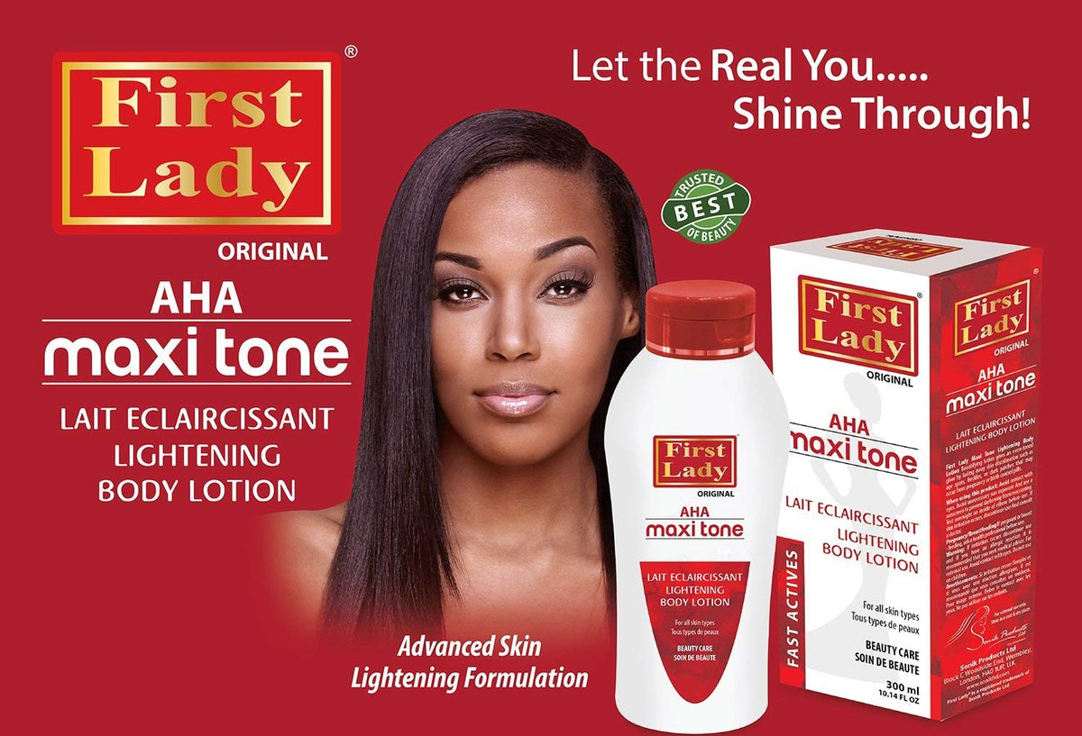 FIRST LADY First Lady Premium AHA Maxi Tone Skin Lightening Brightening Body Lotion 300ml *Results in 4 weeks* + First Lady Herbal Jamaican Black Castor Hair Oil 200ml
