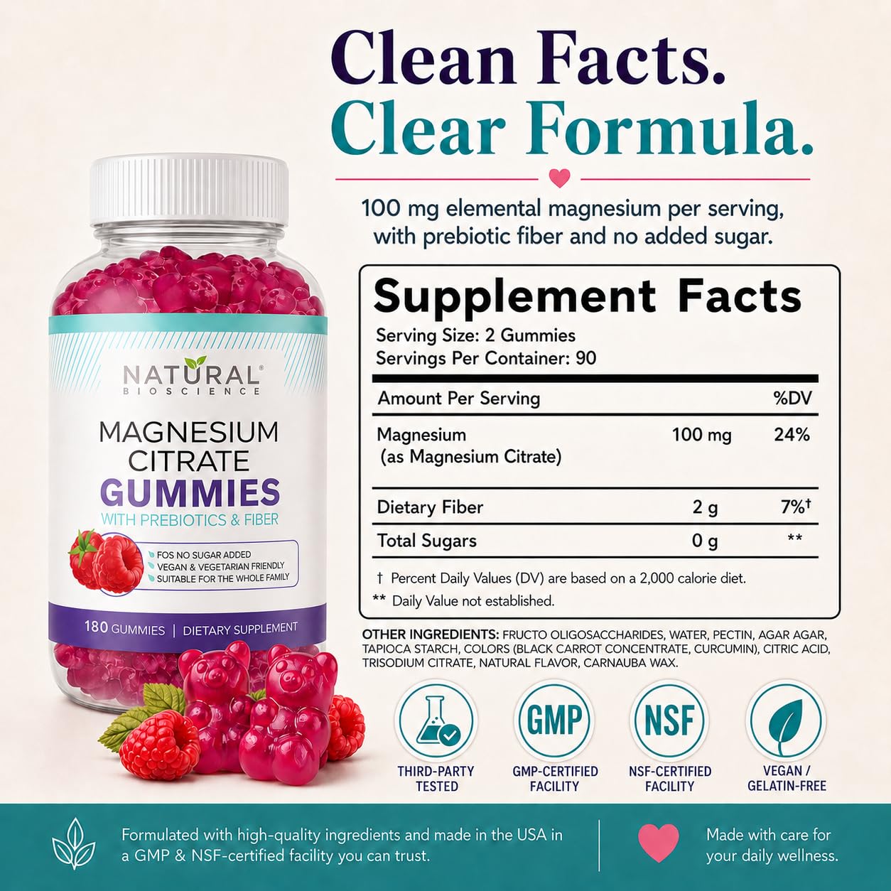Natural BioScience Magnesium Citrate Gummies | 180 Magnesium Supplements - 100mg of Magnesium Citrate per Serving | Raspberry Flavoured - Suitable for Adults & Children | Sugar Free, Non-GMO & Vegan
