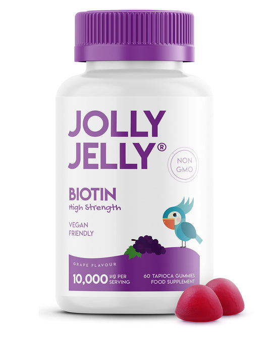 JOLLY JELLY Biotin Tapioca Fruity Gummies - 10,000mcg - Potent Formula for Hair Skin and Nails, Made with Organic Tapioca, Grape Flavour - Kosher, Halal, Non GMO - 60 Vegan Gummies.