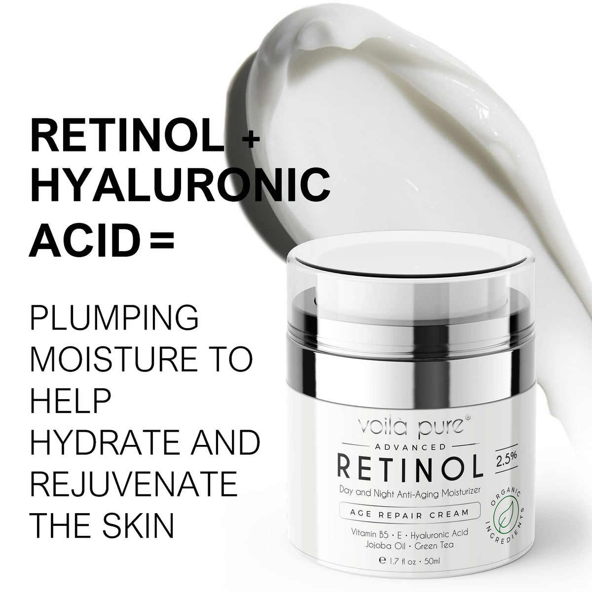 Voila pure Voila Pure - RETINOL CREAM - Moisturizer - For Face & Neck - 2.5% Slow Release Retinol - Infused With Hyaluronic Acid & Vitamin E - Use Day & Night For Best Anti-Ageing & Acne Results - 1.7fl Oz