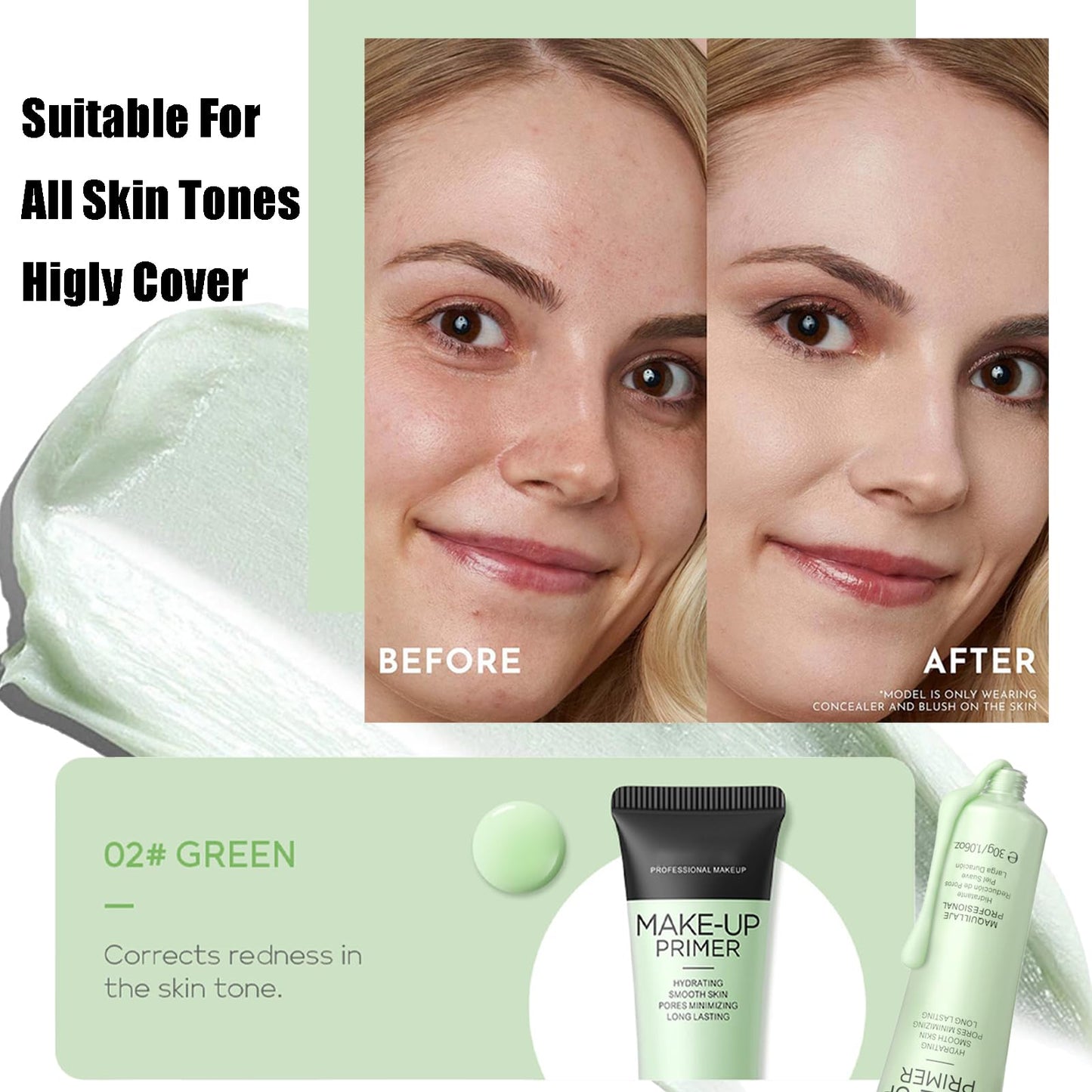 TUHOWEWZ Green Colour Corrector Primer Makeup - Professional Green Colour Correcting Makeup Primer, Anti-Redness Cream For Face, Hydrating, Pore Minimising, Long-Lasting