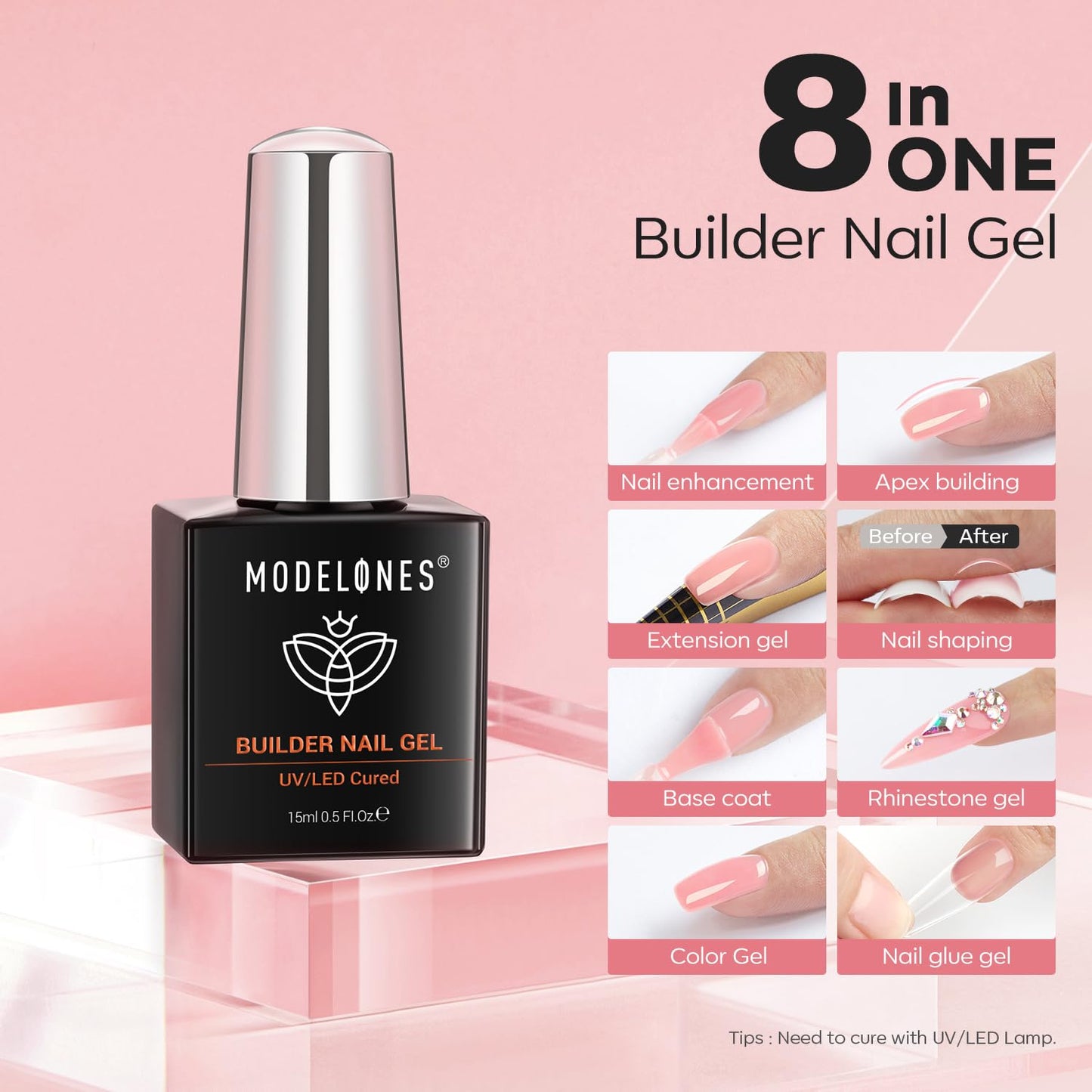 Modelones Nail Builder Gel, Jelly Pink Builder for Nails, Hard Gel Nail Strengthener Extension Rhinestone False Nail Tips Glue Gel in a Bottle 15ML