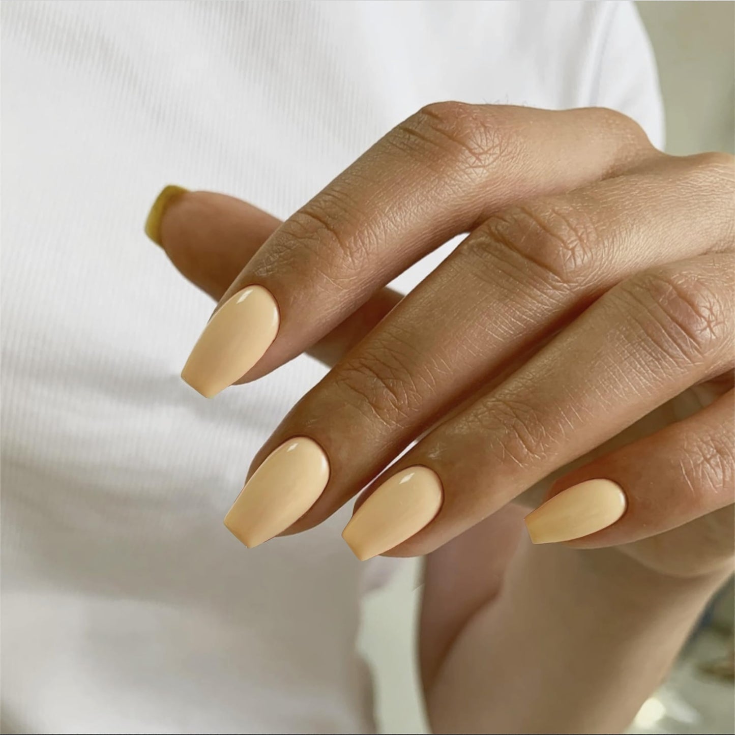KQueenest Acrylic Press on Nails Short Medium Coffin, Beige False Nails Short Ballerina, Glossy Natural Solid Color Fake Nails Set, Reusable Gel Stick on Nail for Women Finger Daily Wear 24 Pcs