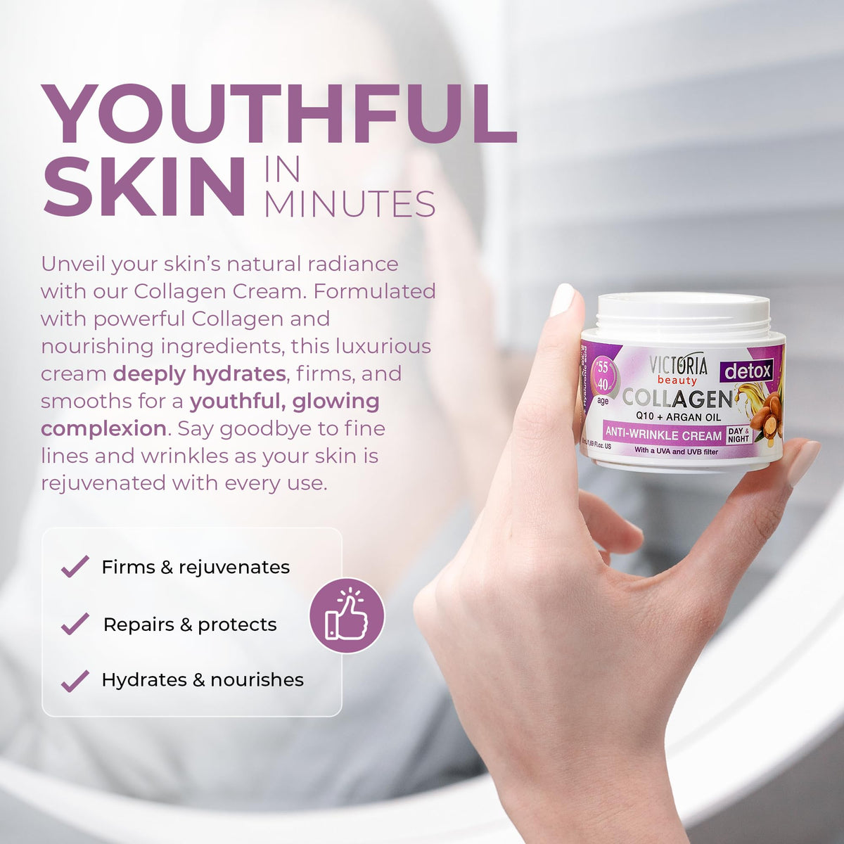 Victoria Beauty Day and Night Anti-Aging Moisturiser with Collagen, Hyaluronic Acid, Q10, Argan Oil, and a UVA/UVB Filter for Ages 40 – 55, Pack of 2 Creams (2 x 50 ml)