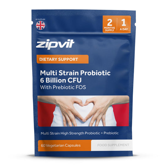Zipvit Probiotic 6 Billion CFU with Prebiotic Pouch, Multi Strain Probiotics for Gut Health, 5 Strains Including Lactobacillus Acidophilus, 60 Vegetarian Capsules for Women & Men, 2 Month Supply