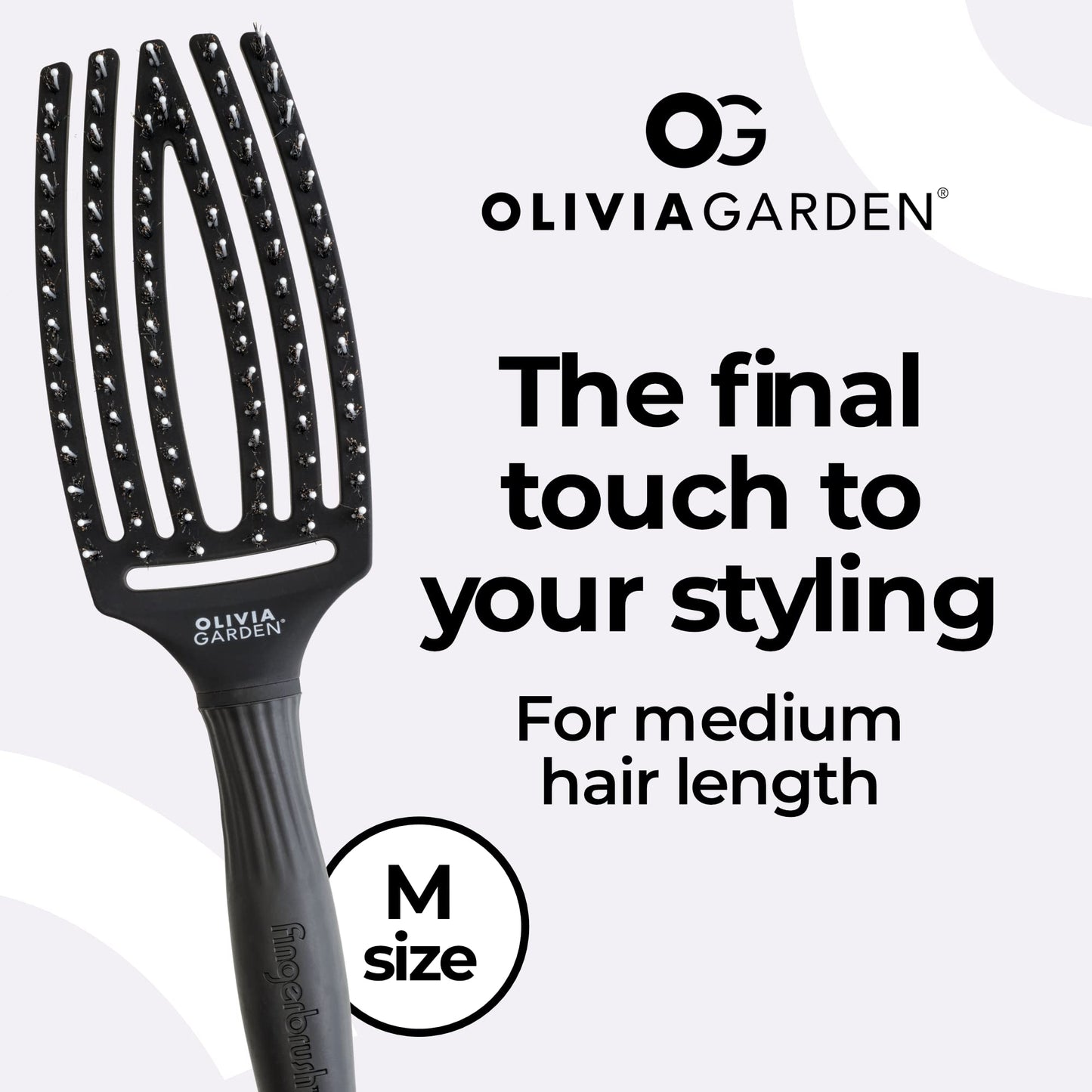 Olivia Garden Fingerbrush Combo Medium - Styling Hair Brush for Dry & Detangled Medium Hair - Curved Head Scalp Massage - Boar & Nylon Bristles for Natural Shine - Fine, Medium & Thick Hair - Black