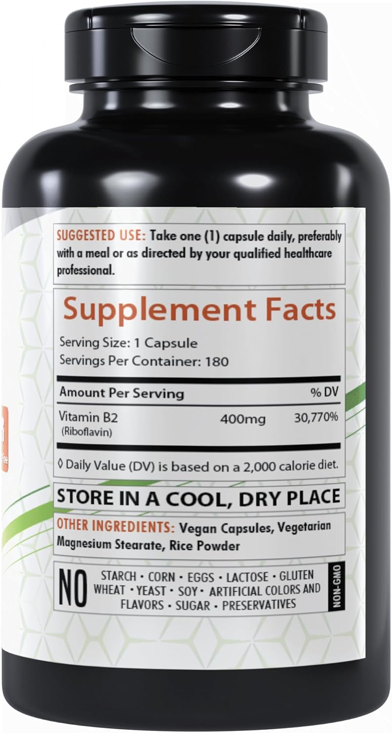 Vitamin B2 400mg | 180 Capsules | Riboflavin | Gluten Free | Made in The USA