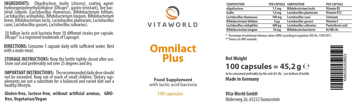Vita World Omnilact Plus 100 Capsules Lactobacillus Bifidobacterium Probiotic Made in Germany