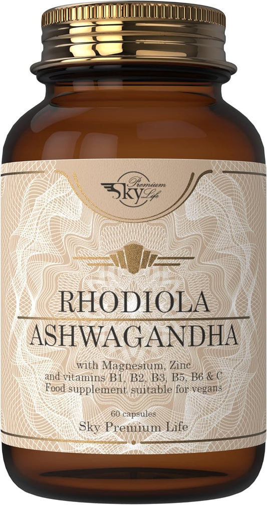 Sky Premium Life Stress Relief Complex - Organic Ashwagandha and Rhodiola Food Supplement with Magnesium, Zinc, Vitamin C, B-Complex - 120 Capsules