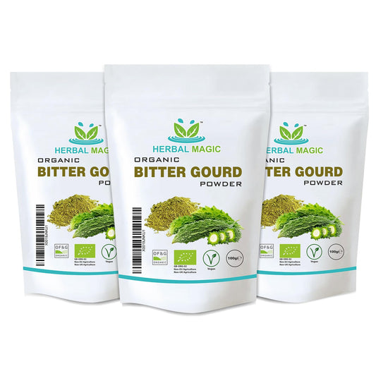 Herbal Magic's Organic Bitter Gourd Powder-Great Green Vegetable-Also Known as Karela, Bitter Melon,Balsam-pear. Free from Fillers & Preservatives- of&G UK Organic Certified- 100g (Pack of 3)