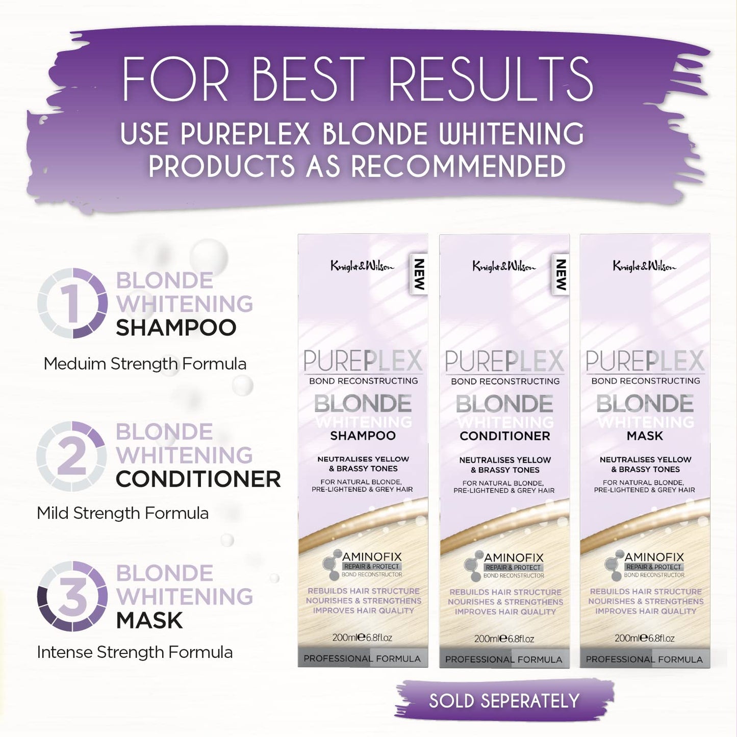 PurePlex Blonde Bond Reconstructing Shampoo. Professional Toning Formula Nourishes & Rebuilds hair from within, Protects & Restores, 200ml. By Knight & Wilson