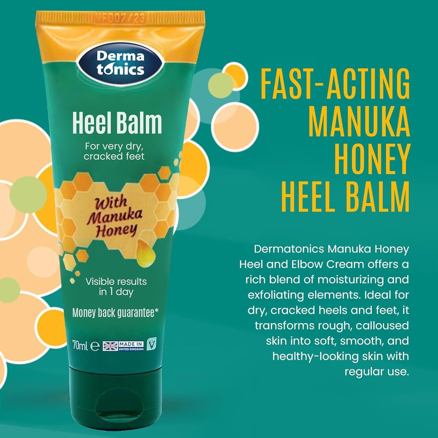 Dermatonics Fast-Acting Manuka Honey Heel Balm | Nourishing Formula for Very Dry and Cracked Heels | Visible Results in Just 1 Day | Suitable for Diabetics | 70 ml